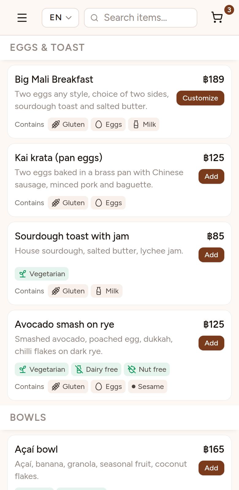 Screenshot of the ordering page on a phone: dishes with prices, dietary labels, allergens and Add buttons, and three items in the cart.