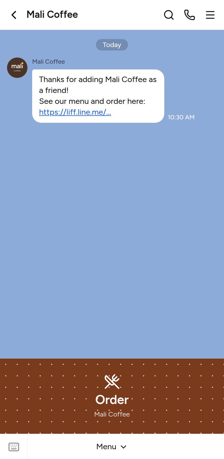 Screenshot of a LINE chat with the shop on a phone: a greeting message with the menu link, and below it a rich menu with an Order button.