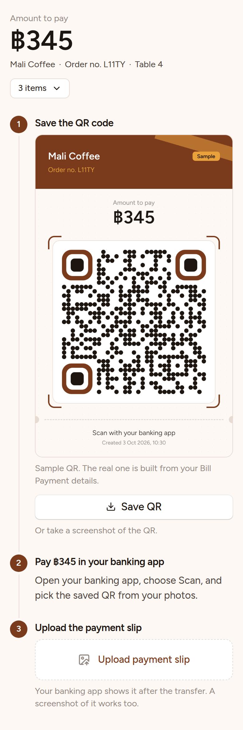 Screenshot of the payment step on a phone: a sample QR code card with the shop name, order number and total, a Download QR button, instructions to pay in a banking app and upload the slip, and a Confirm payment button.