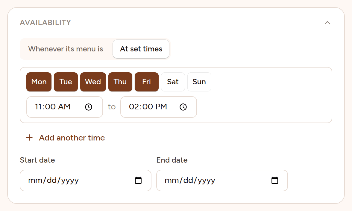 A dish's Availability, opened: At set times is chosen, with Monday to Friday picked, 11:00 to 14:00, an Add another time button, and empty start and end dates.