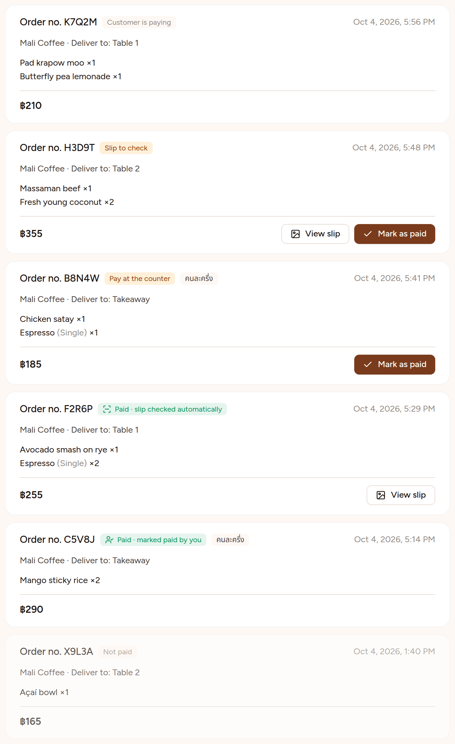 Six orders, newest first, each with its status: Customer is paying; Slip to check, with View slip and Mark as paid; Pay at the counter, with Mark as paid; Paid · slip checked automatically, with View slip; Paid · marked paid by you; and a dimmed Not paid.