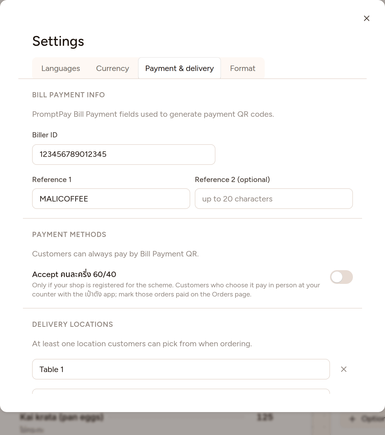 Settings, on the Payment & delivery tab: Biller ID, Reference 1 and an optional Reference 2, then the delivery locations Table 1, Table 2 and Takeaway with an Add location button.