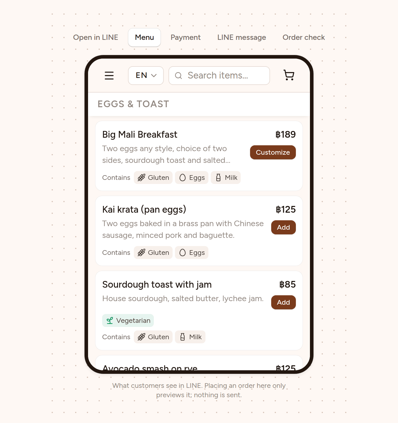 Phone mode: switches for Menu, Payment and LINE message above a phone showing the customer's ordering page, with dishes, prices and Add buttons.