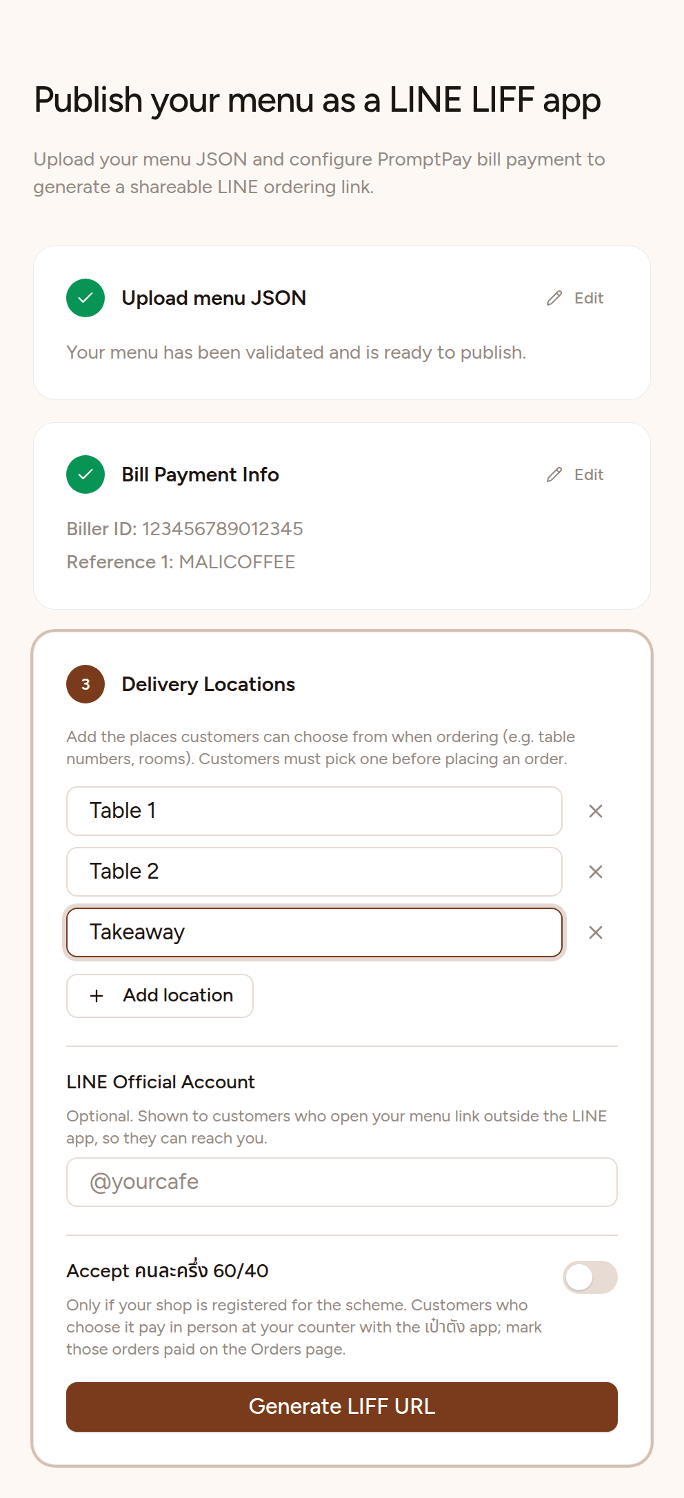 Step 3, Delivery Locations, with Table 1, Table 2 and Takeaway, an Add location button, an optional LINE Official Account field, and the Generate LIFF URL button.