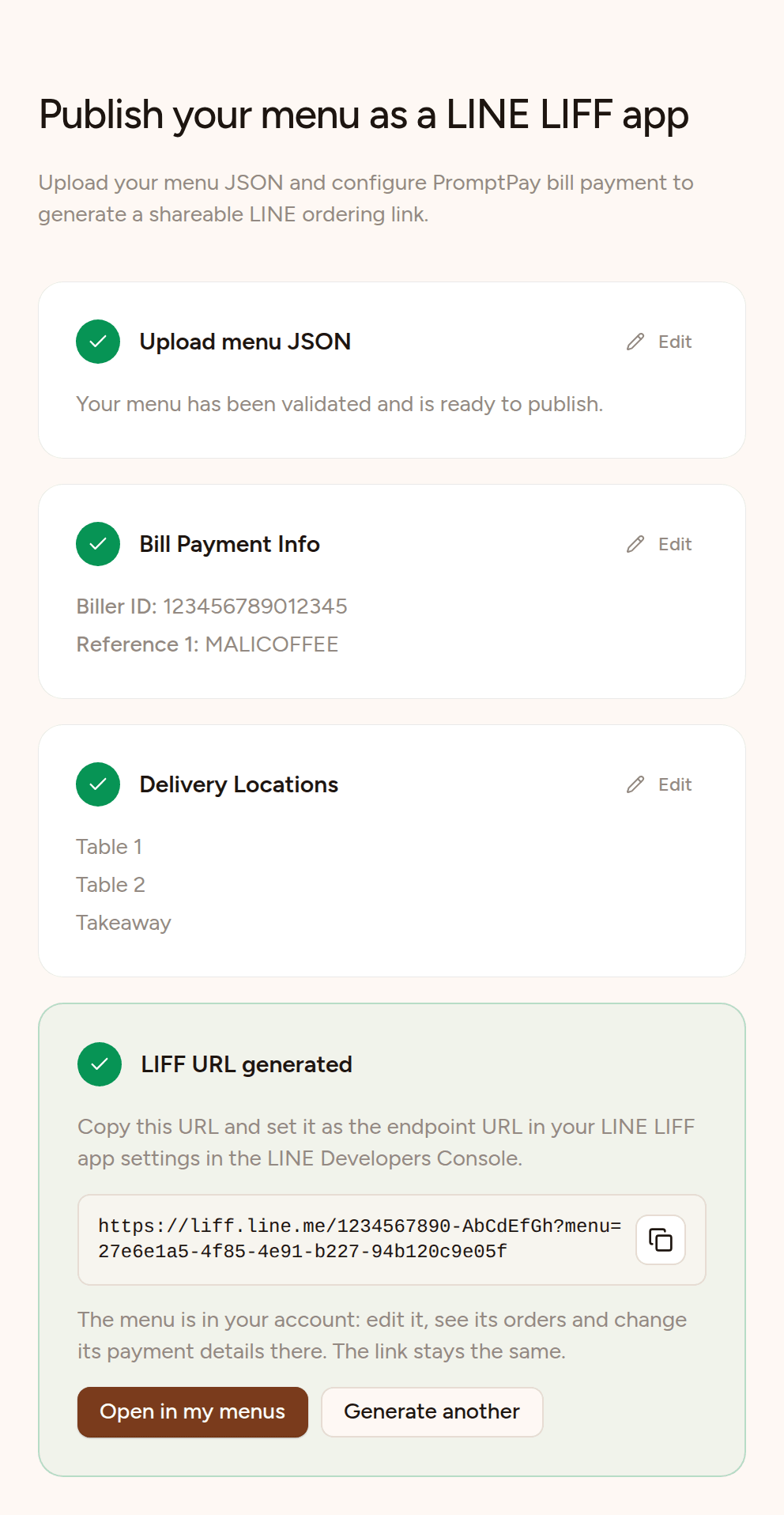 All steps done, ending in LIFF URL generated: the menu's link, starting https://liff.line.me/, with a copy button, a note that the menu is in your account, and Open in my menus.