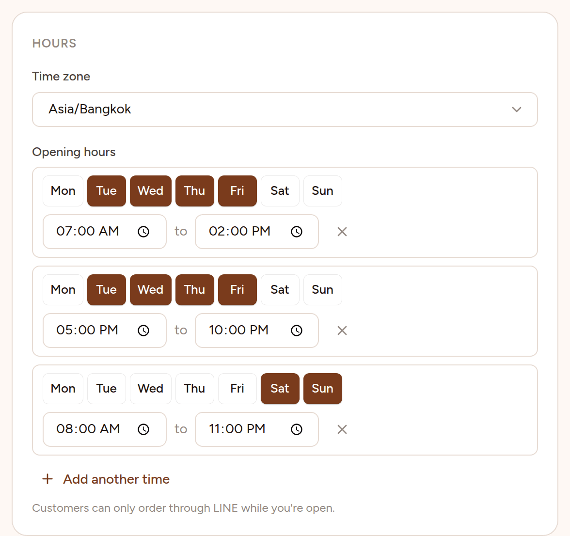 The venue's Hours: time zone Asia/Bangkok, and three opening windows, one line each of days and from–to times: Tuesday to Friday 07:00 to 14:00, Tuesday to Friday 17:00 to 22:00, and Saturday and Sunday 08:00 to 23:00.